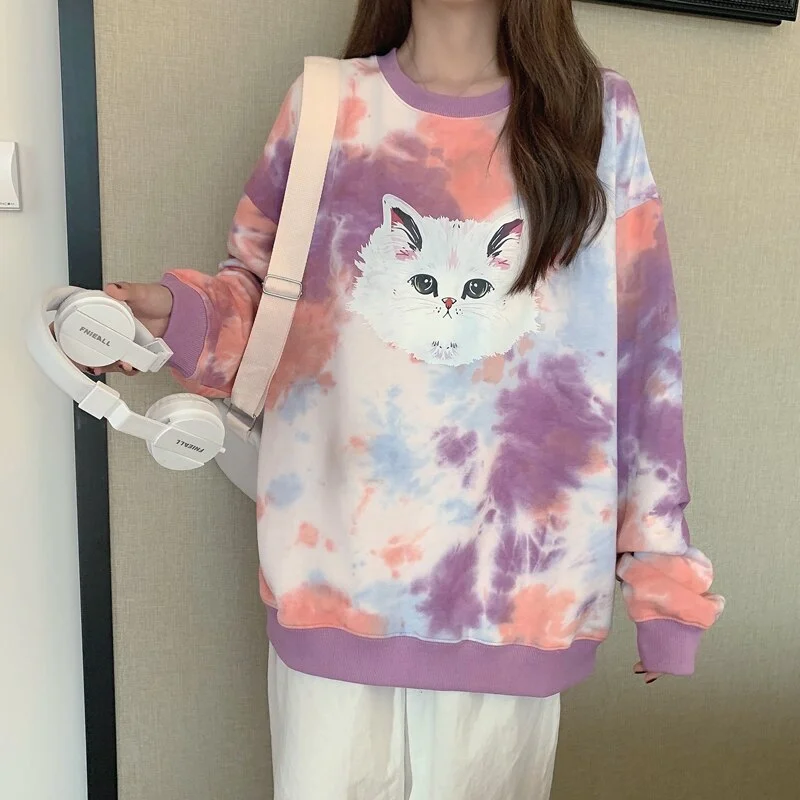 Spring Fall Tie Dye Sweatshirts Women Cartoon Cat Printed Loose Hoodies Girls Kawaii Oversized Pullovers Clothes Mujer Harajuku