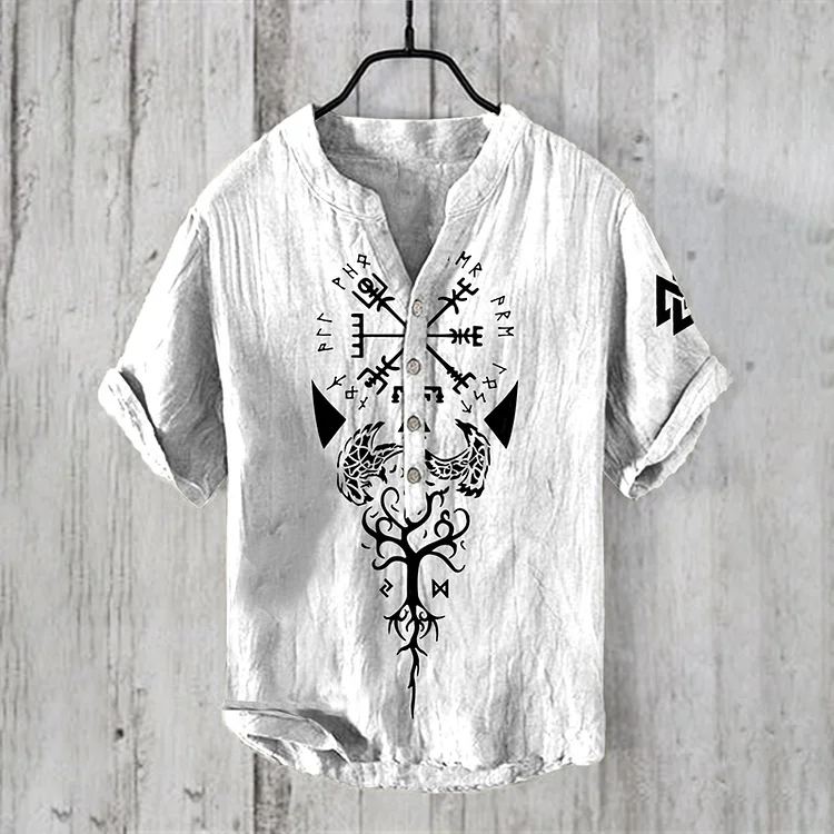 Men'S Viking Graphic Art Linen Blend Shirt