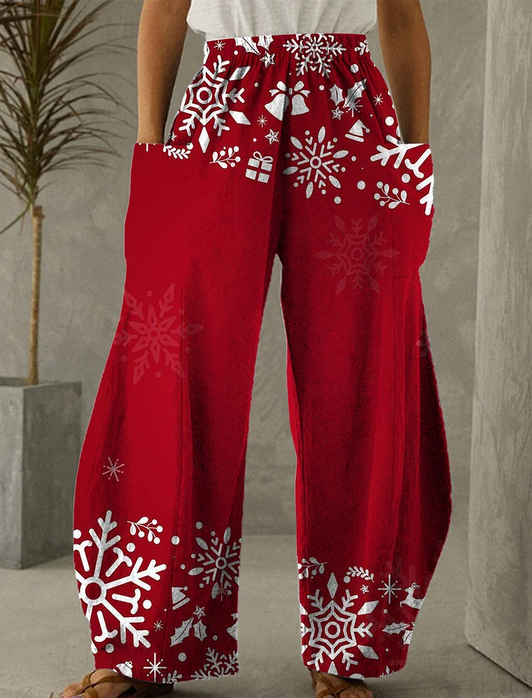 Christmas Red Snowflake Print Casual Pants