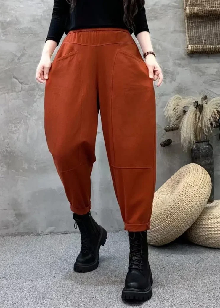 Style Versatile Orange Pockets Elastic Waist Cotton Pants Fall