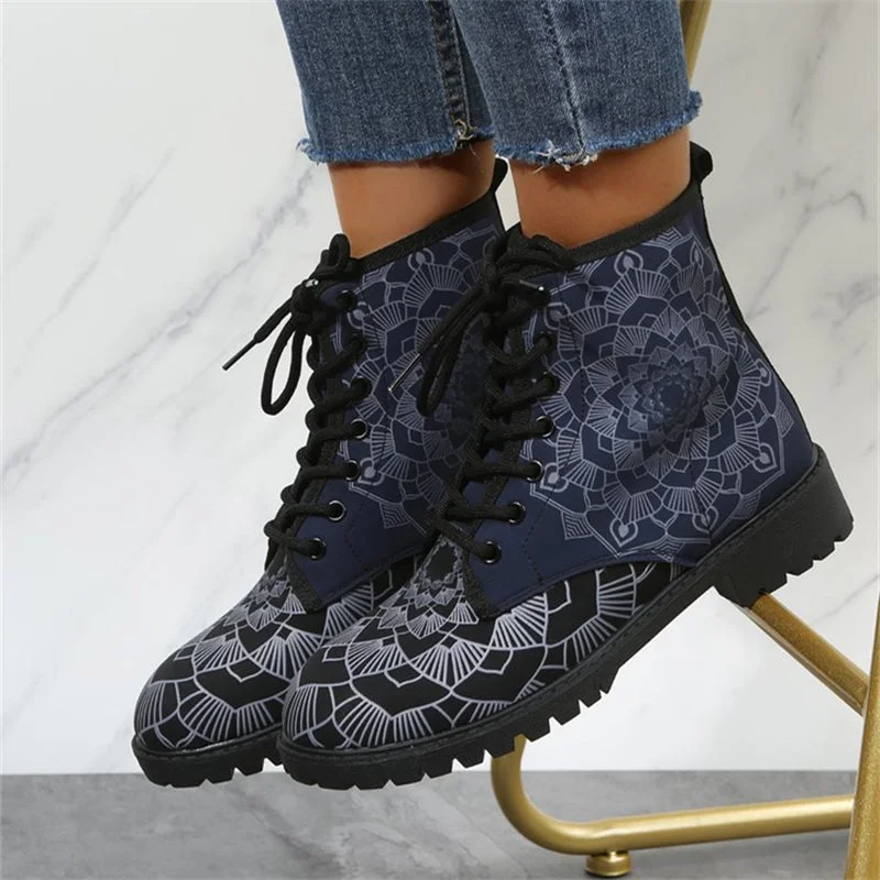 Women's Retro Totem Printed Lace Up Motorcycle Boots