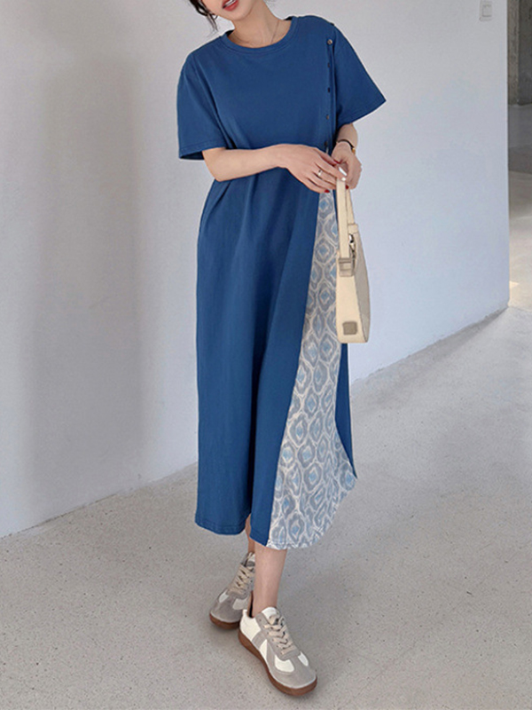 Colorblock Patchwork Round Neck Short Sleeve Maxi Dress