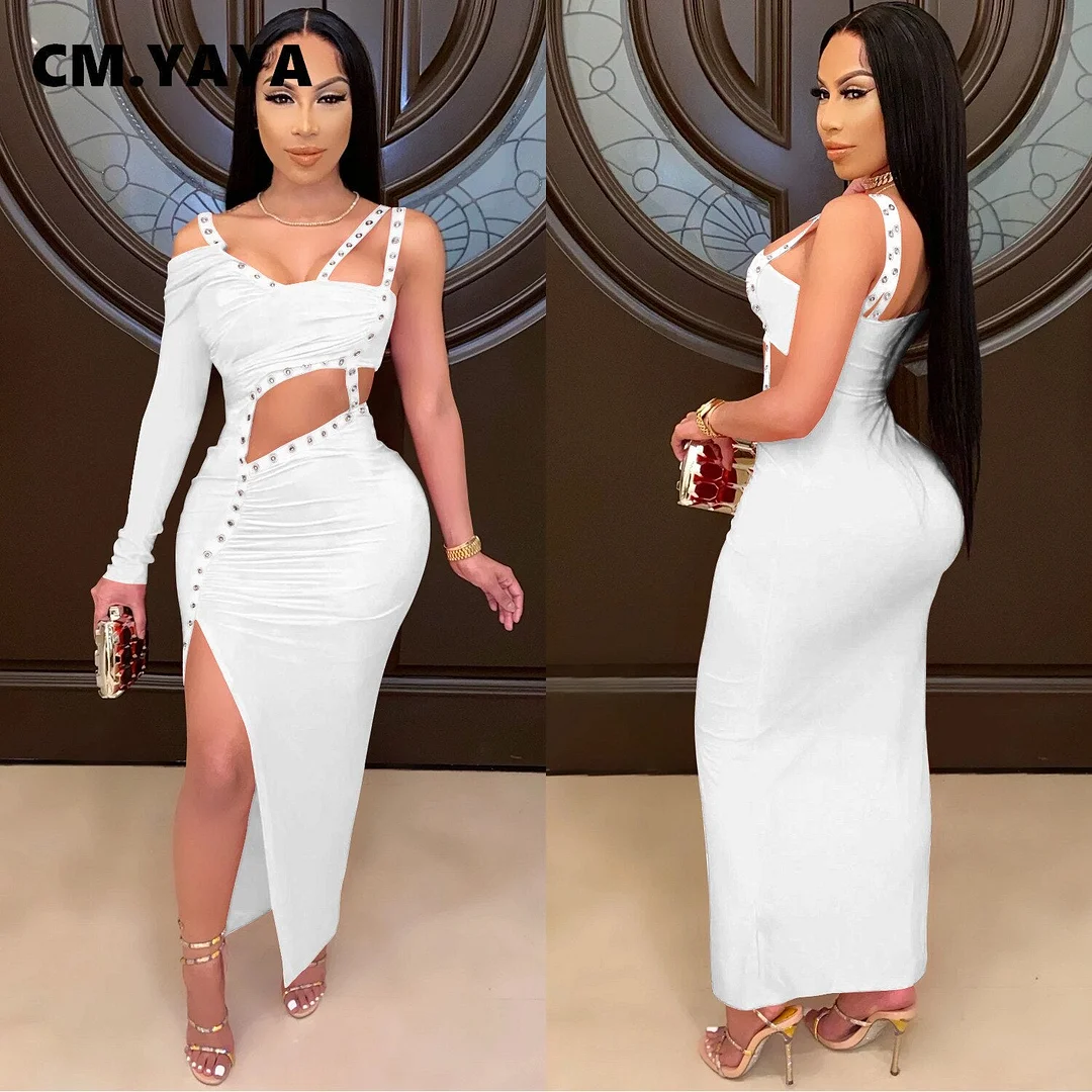 CM.YAYA Women Dress One Shoulder Full Sleeve Hollow Out Ankle-length Sheath Elastic Solid Party Dresses Summer New Fashion Dress