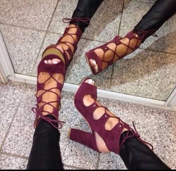 TAAFO Rivets Lace Up Ankle Boot High Chunky Heel Sandals