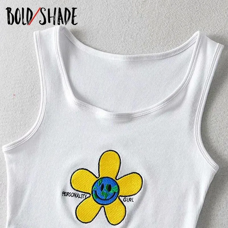 Bold Shade Indie Aesthetic Y2K E-girl Tank Tops Floral Letter Embroidery 2000s Vintage Harajuku Crop Top Women Streetwrear Tanks
