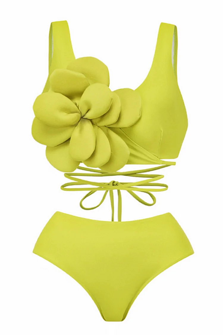Tied Up 3D Flower Decor Bikini Top Maxi Skirt Bikini Three-Piece Set-Green