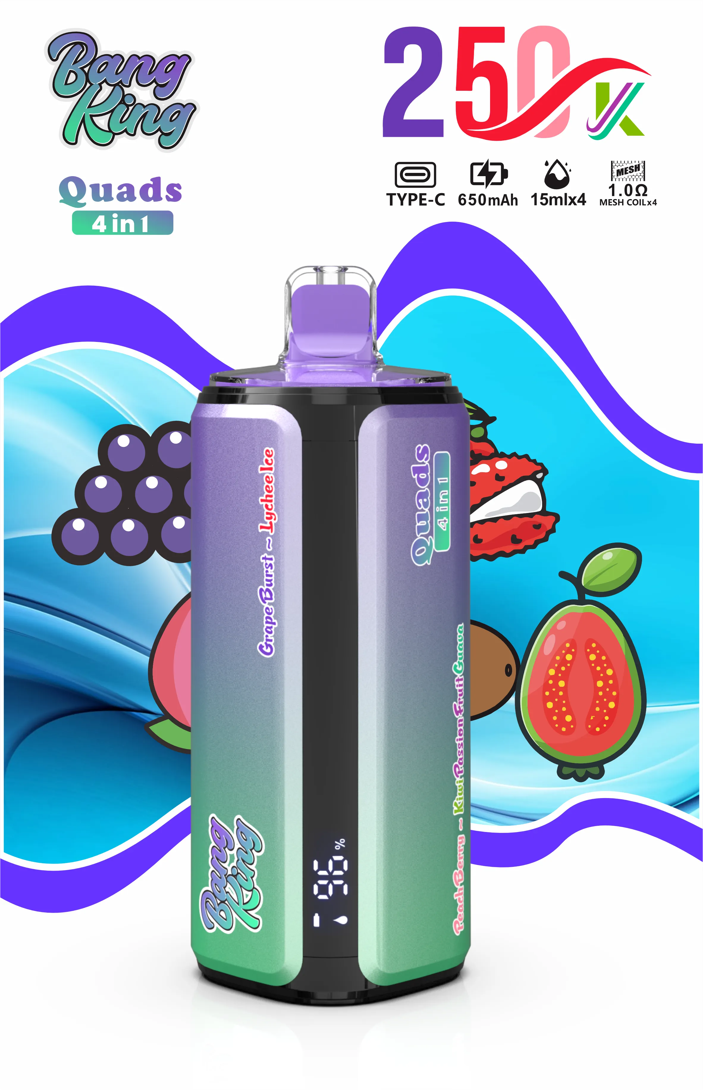 Winogronowy Burst · Liczi Ice · Brzoskwiniowy Berry · Kiwi Passionfruit Guava