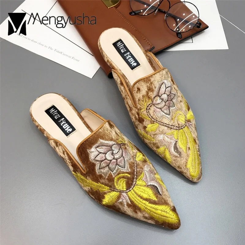 gold velvet mules shoes women embroidery flower slippers pointed toe flock flat moccasins embroider floral loafers flats 2019