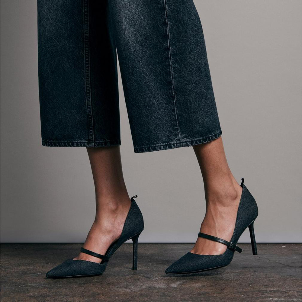 Black Denim Pointed Toe 4'' Stiletto Heel Formal Pumps  Nicepairs