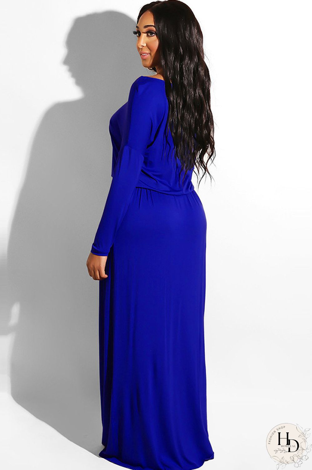 Blue Milk. Celebrities Off The Shoulder Long Sleeves One word collar Step Skirt Ankle-Length Solid