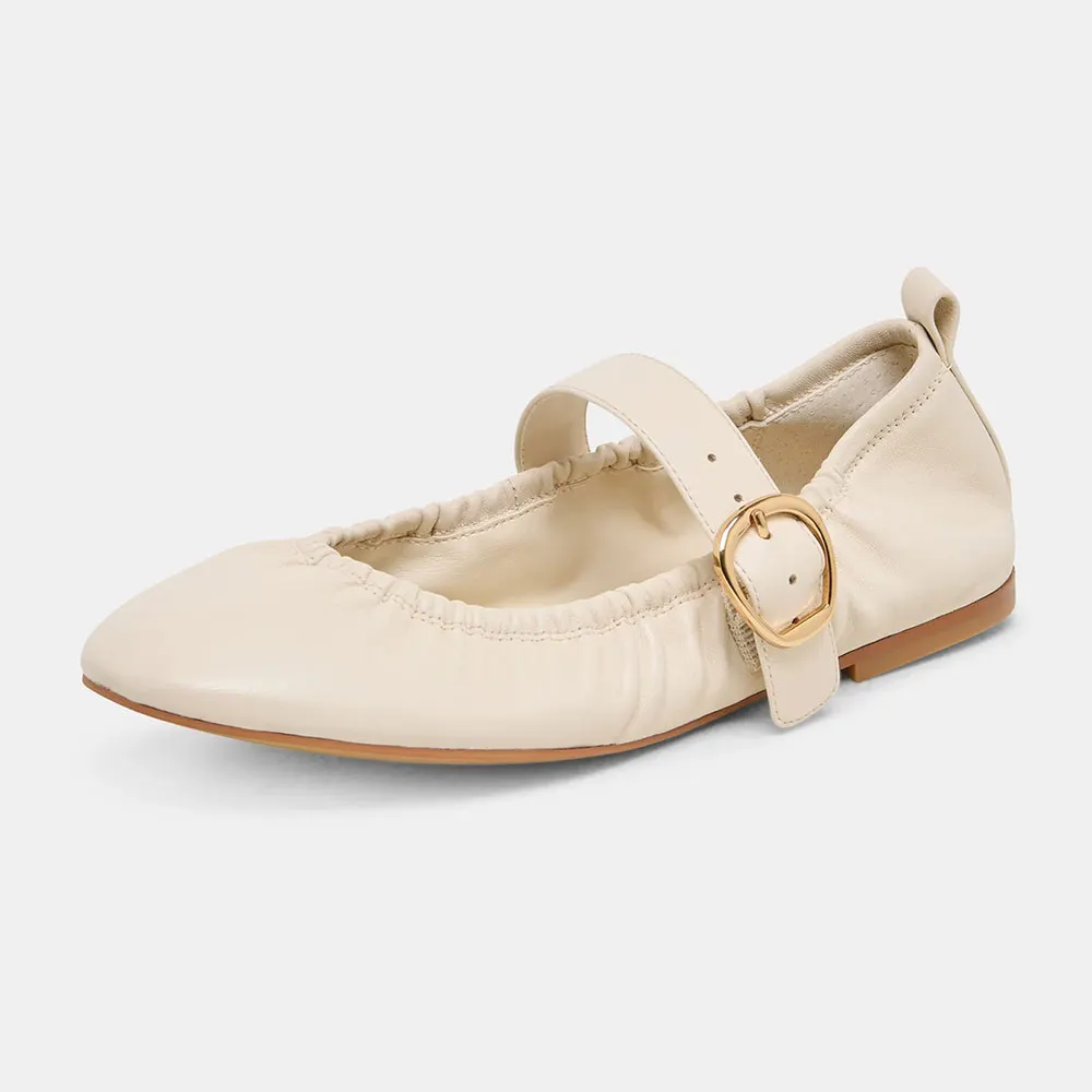 Ivory Faux Leather Round Toe Buckle Strap Flat Shoes for Women