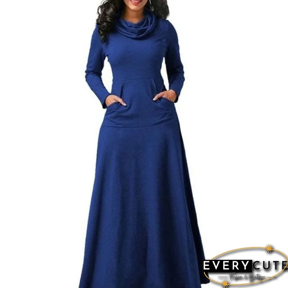 Women Warm Dress With Pocket Casual Solid Vintage Autumn Winter Maxi Dress Robe Bow Neck Long Elegant Dress