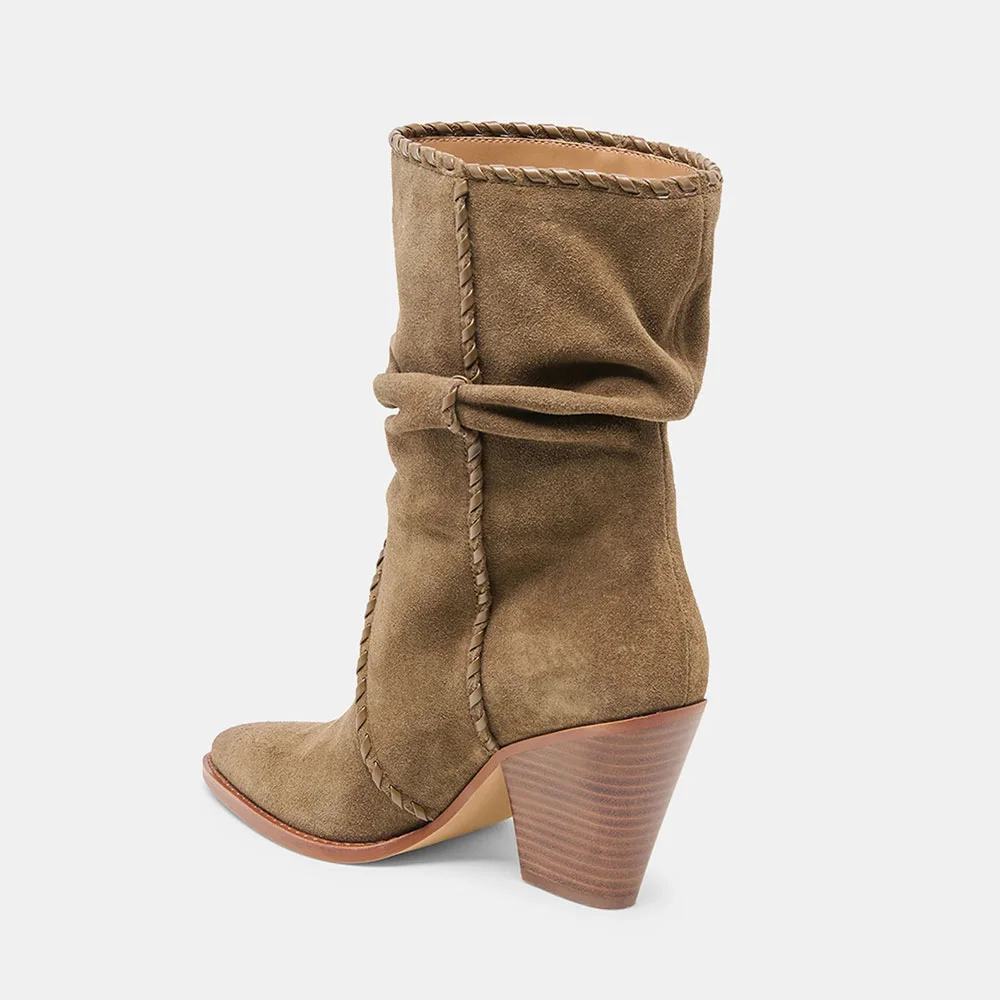 Brown Pointed Toe Chunky Heel Slouchy Pleated Pull On Boots for Women