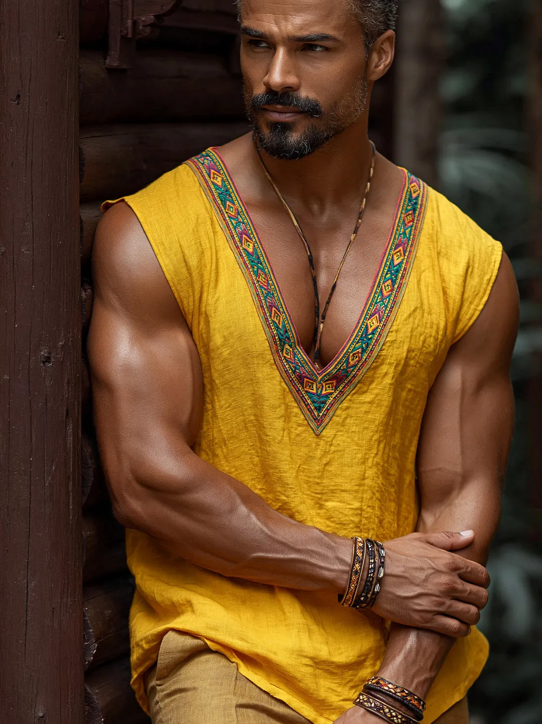 Men's Yellow Linen Sleeveless V-Neck Top With Embroidered Trim Boho Style Summer Casual Tank Top-INSPIREUSE