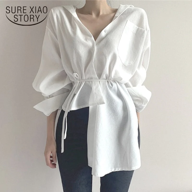 2022 Spring Long Sleeve V-neck Cardigan Button Up Shirt Casual Lace-up White Blouse Irregular Korean Style White Tops for Women