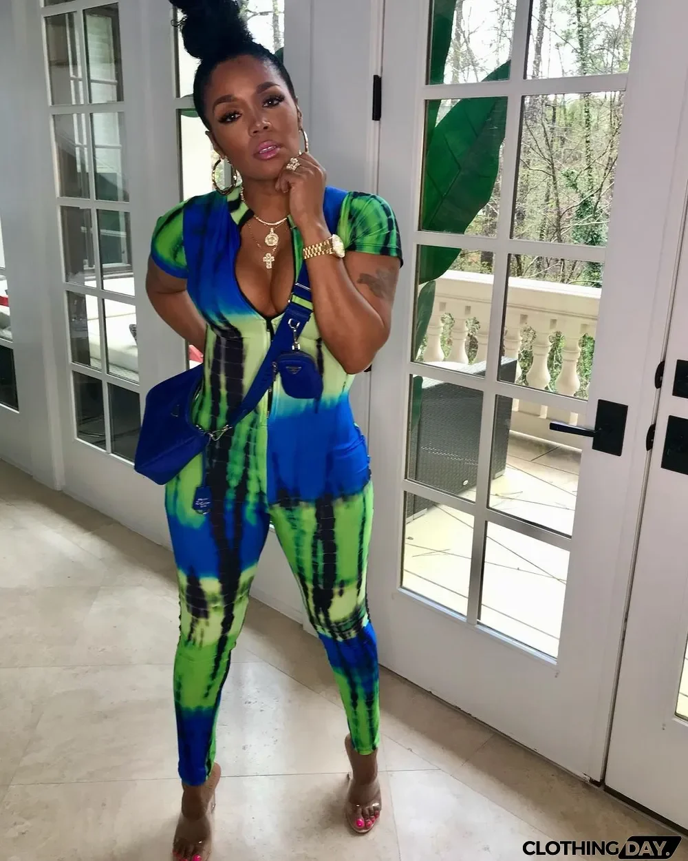 Zipper Short Sleeve Tie-dye Fashion Casual Jumpsuit