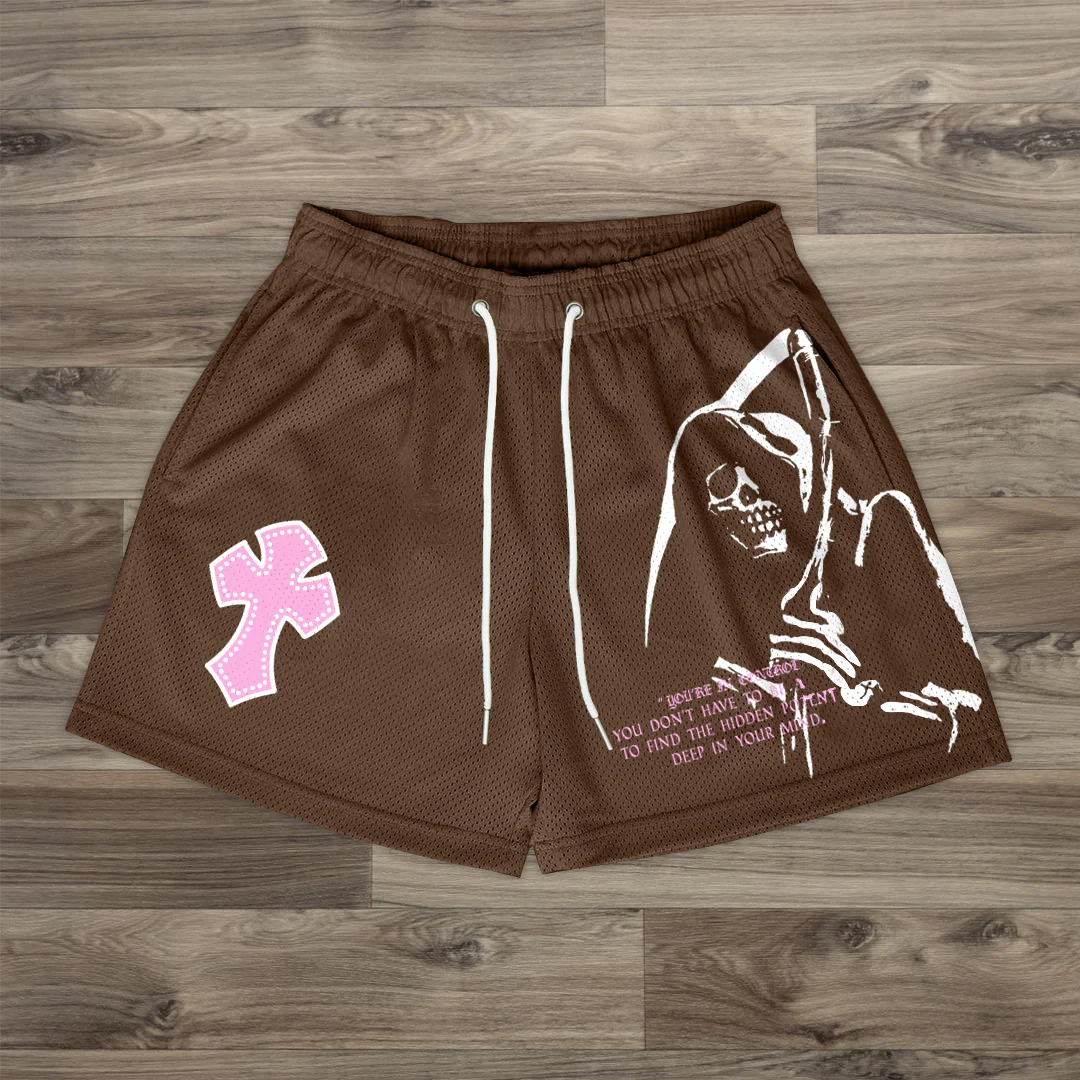 Sopula Grim Reaper Cross Print Mesh Shorts - Sopula｜Premium Graphic Tees & Graphic Clothing