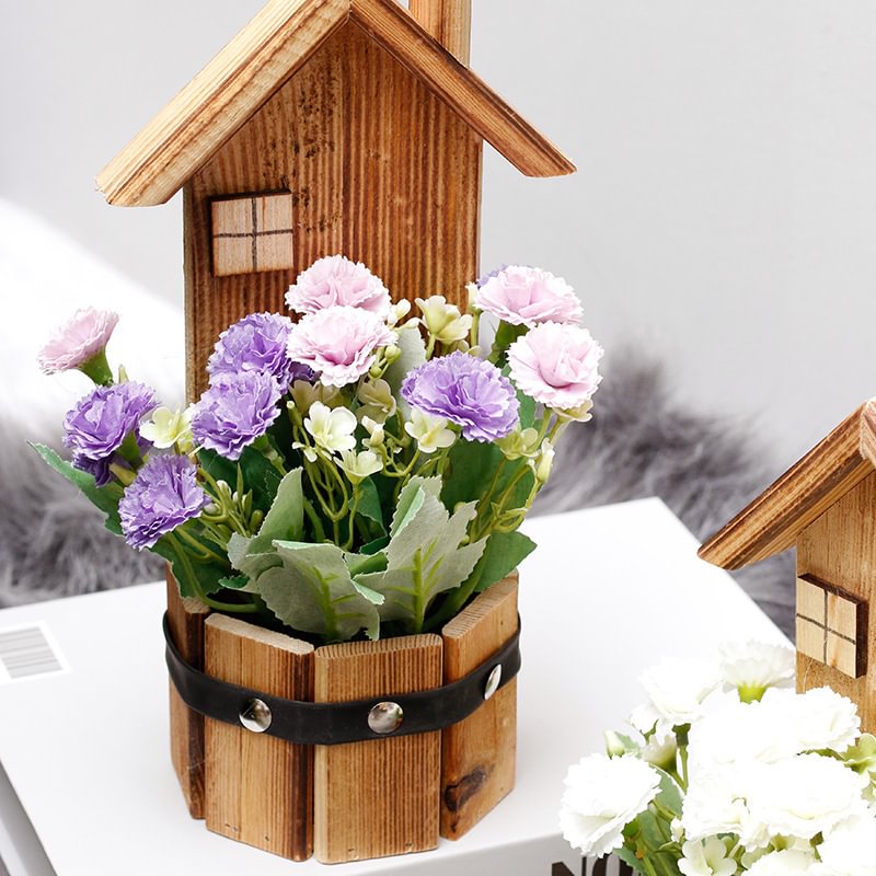 Wooden House Simulation Rose Bonsai Exquisite Wall Hanging Portable Artificial Potted Plant