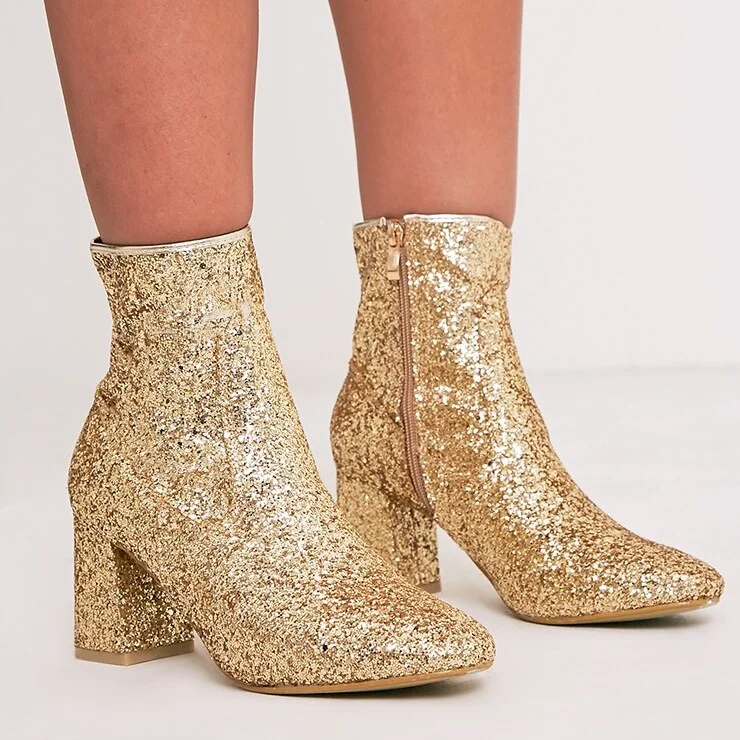 Custom Made Block Heel Gold Glitter Ankle Boots |FSJ Shoes