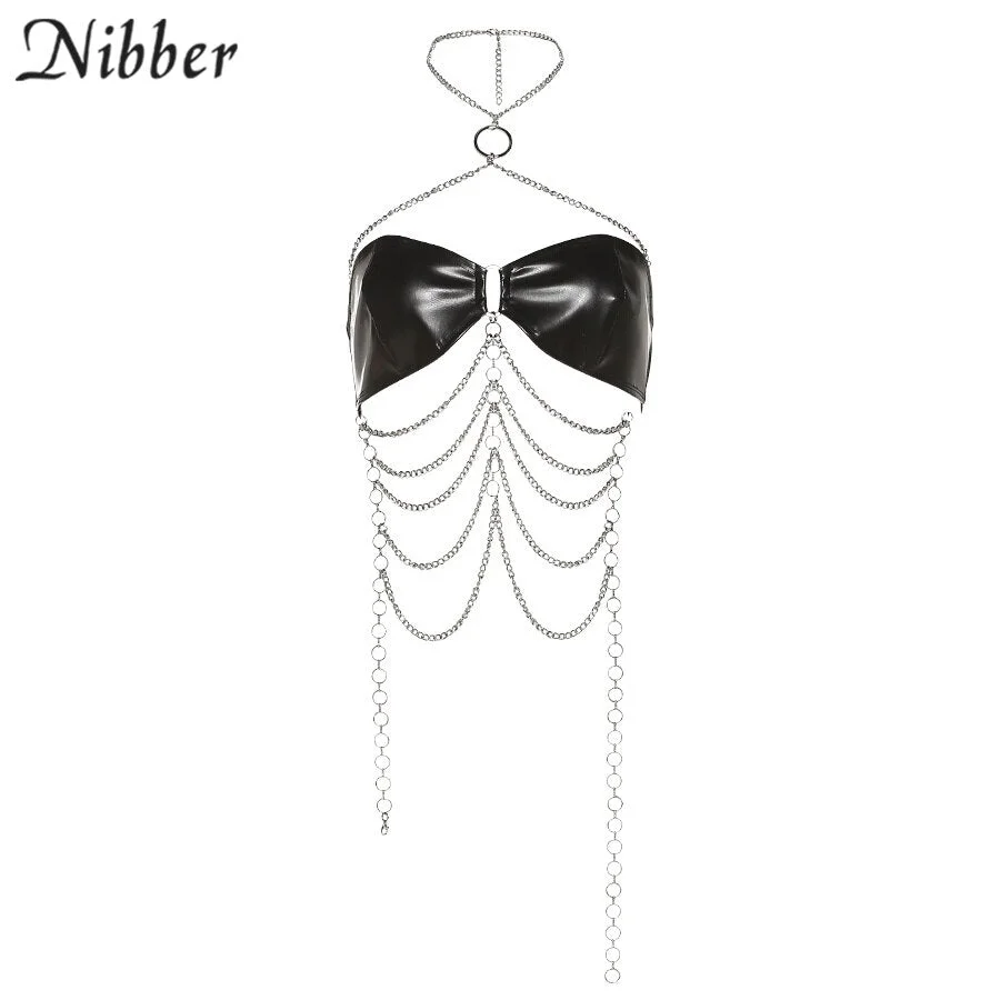 Nibber Sexy Exotic PU Leather Bikini Chain Halter Design Solid Color Camisole For Hot Women Party Night Clubwear 2021 New