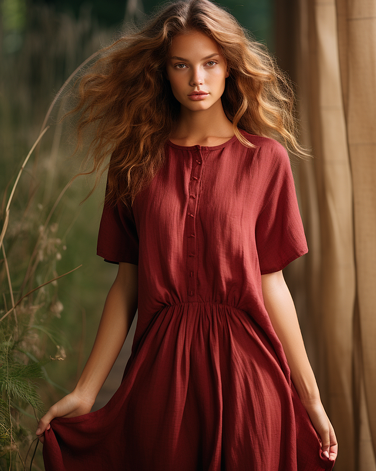 Cotton and linen women's solid color loose and elegant dress 018