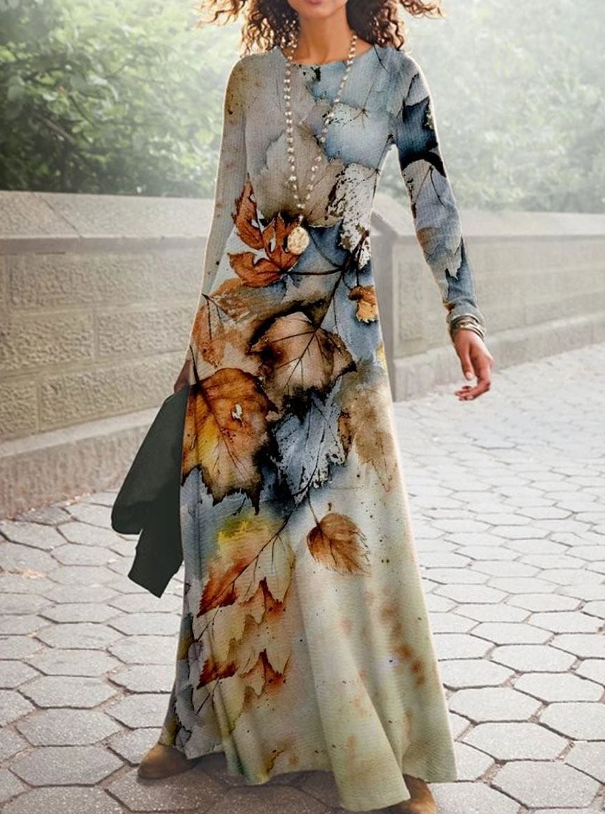 Fashion Leaf Print Round Neck Long Sleeve Casual Maxi Dress