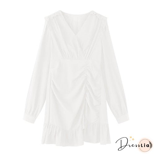Back College Draped Mini Dress Women Casual High Street French Long Sleeve Waist Party