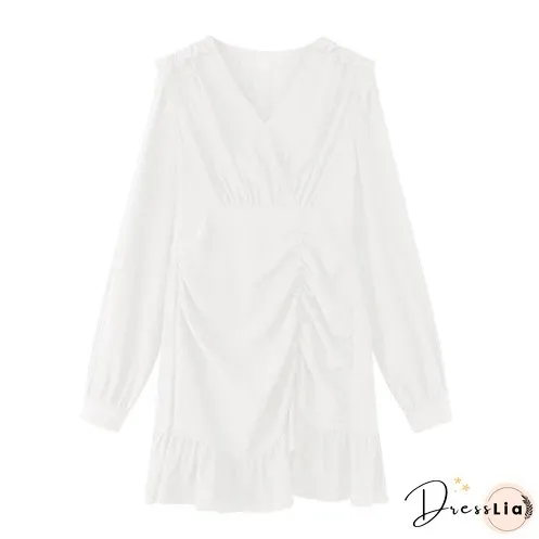 Back College Draped Mini Dress Women Casual High Street French Long Sleeve Waist Party