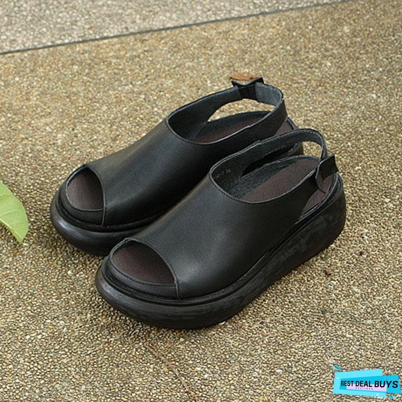 Summer Casual Cow Leather Shoes Black Wedge Heel Sandals