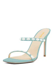 Turquoise Square Toe Stiletto Heel Straps Pearl Decorated