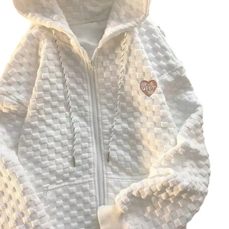 Uveng Uveng Early Autumn New Hoodie Female Loose Waffle Korean Version Of Versatile Design Sense Long Sleeve Cardigan Coat