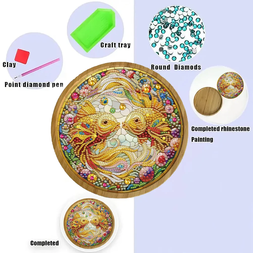 DIY Diamond Painting Kit Round Wooden Tray Diamond Painting Tray for Home (Fish)