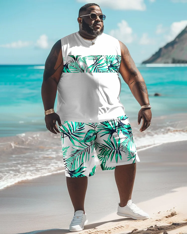 Men's Plus Size Hawaiian Flora Print Tank Shorts Suit