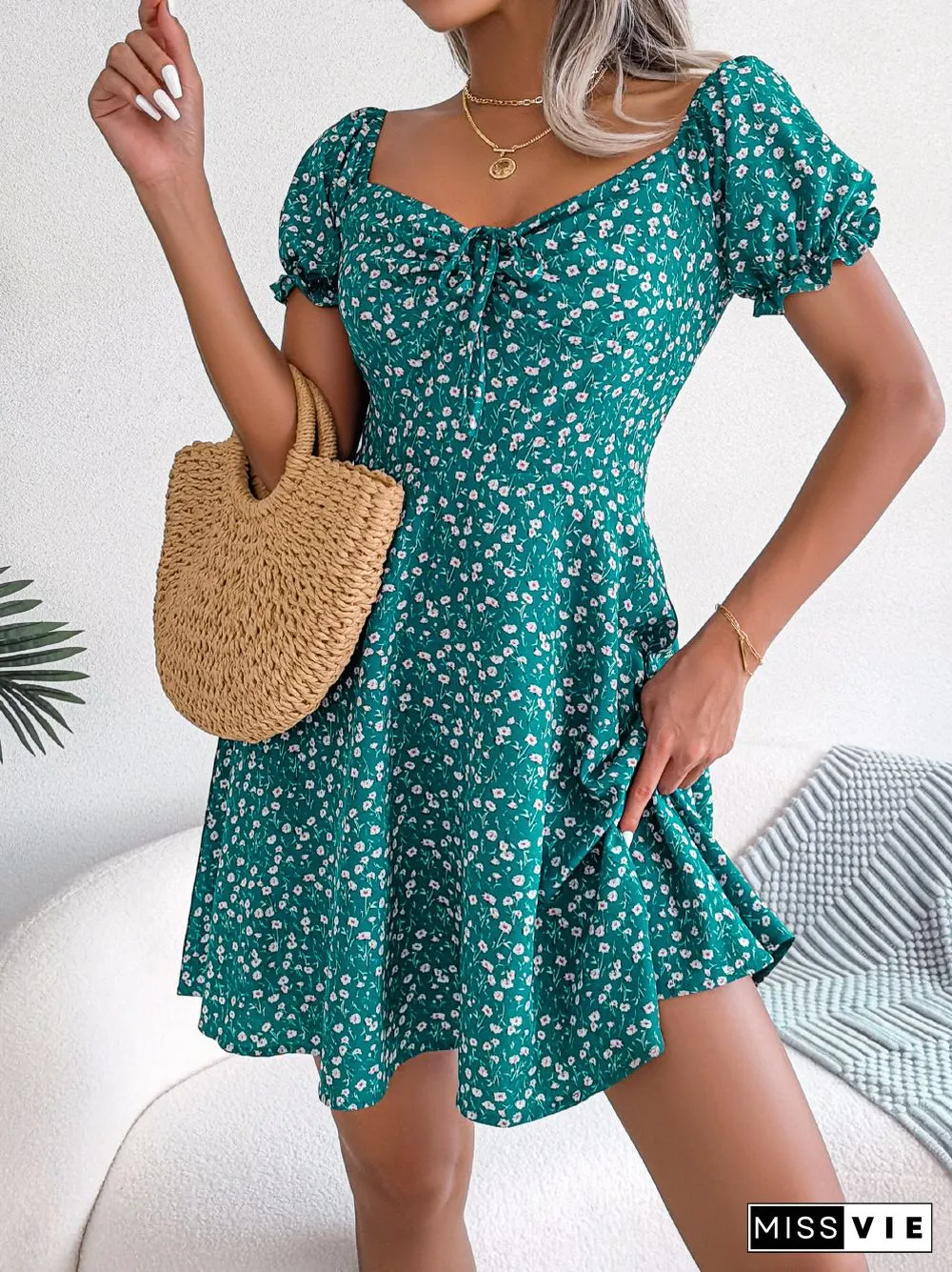 Elegant Floral Print Dresses For Women Summer Dress New Casual V-Neck Short Puff Sleeve High Waist Swing Mini Dress