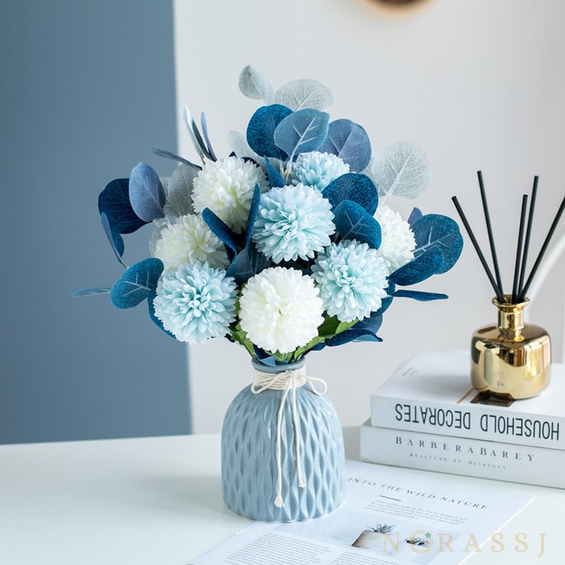 Hydrangea Silk Flowers With Ceramic Vase for Home Decoration