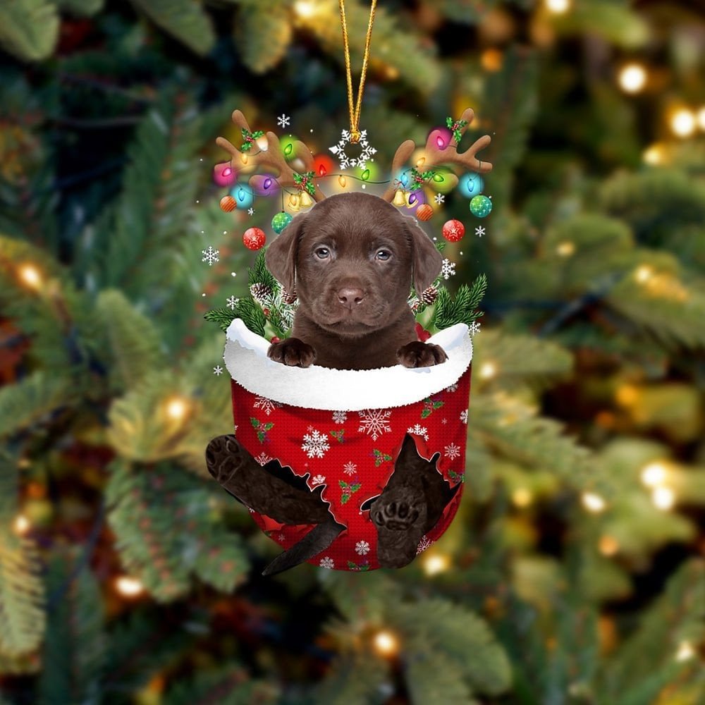 CHOCOLATE Labrador In Snow Pocket Christmas Ornament