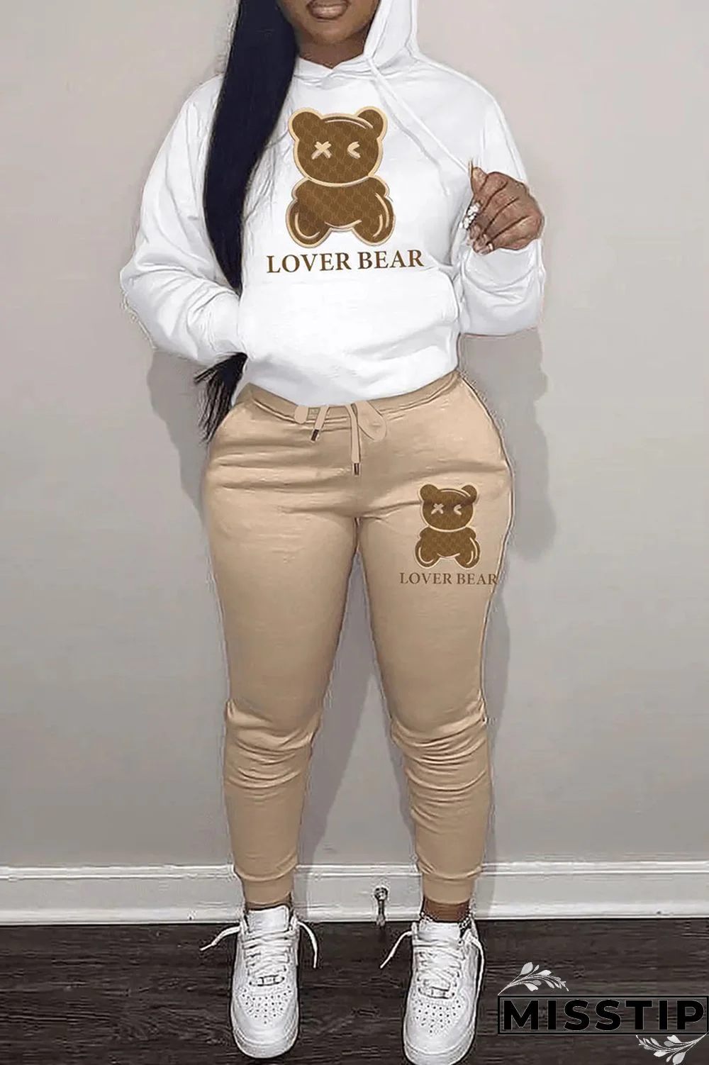 Black And White Casual Print Patchwork Hooded Collar Long Sleeve Two Pieces