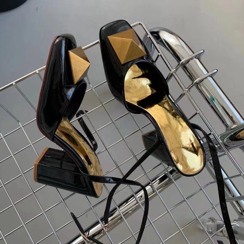 SUOJIALUN 2022 New Brand Big Rivet Women Sandals Square High Heel 9CM Ladies Elegant Dress Pumps Shoes Ankle Buckle Shallow Mule