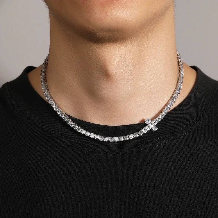 4MM Side Cross Necklace Hip Hop Copper Inlaid Zirconia Tennis Chain Necklace-VESSFUL