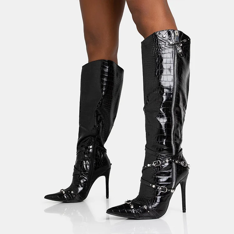 Pointed Toe Stiletto Heel Patent Boots Knee High Snakeskin Boot |FSJ Shoes