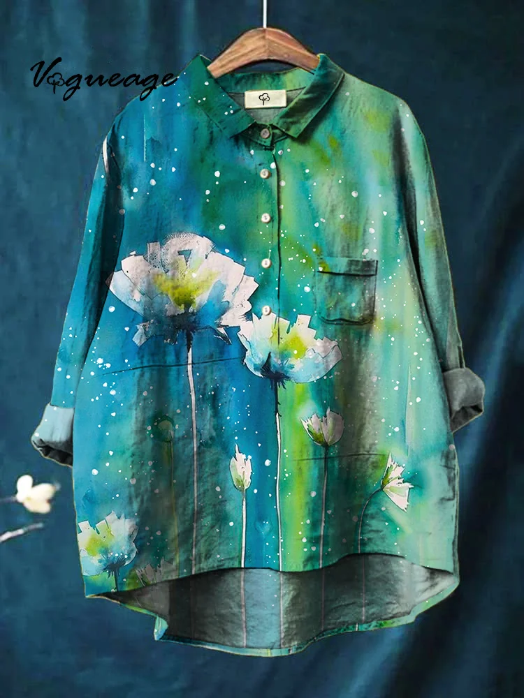 Simple And Elegant Gradient Flowers Printed Cotton And Linen Shirt
