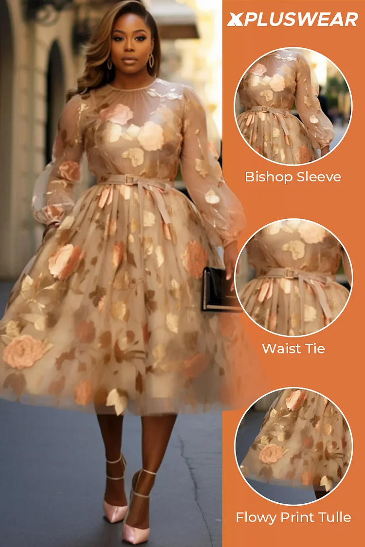 Xpluswear Design Plus Size Wedding Guest Gold All Over Print Round Neck Puff Sleeve Long Sleeve See Through Elegant Tulle Midi Dresses