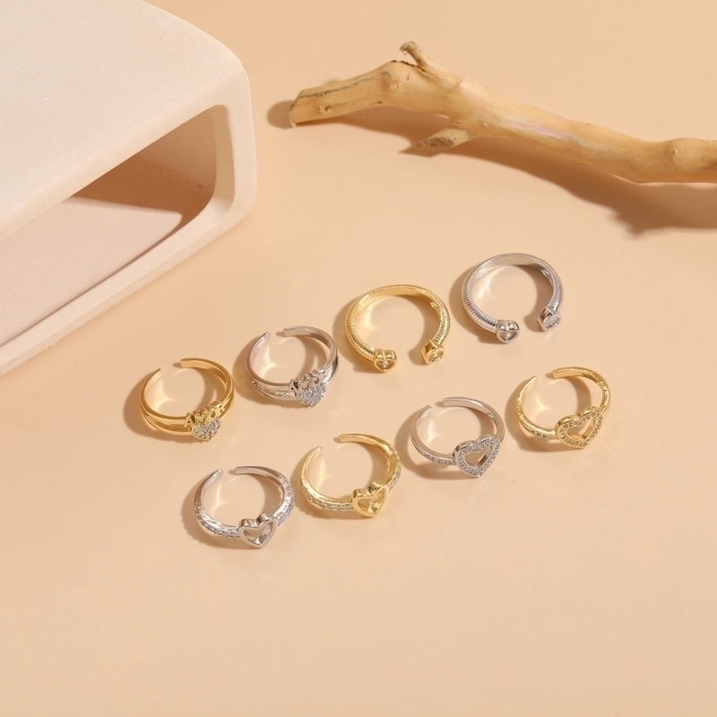 Glam Letter Heart Shape Copper Inlay Zircon 14k Gold Plated Open Ring