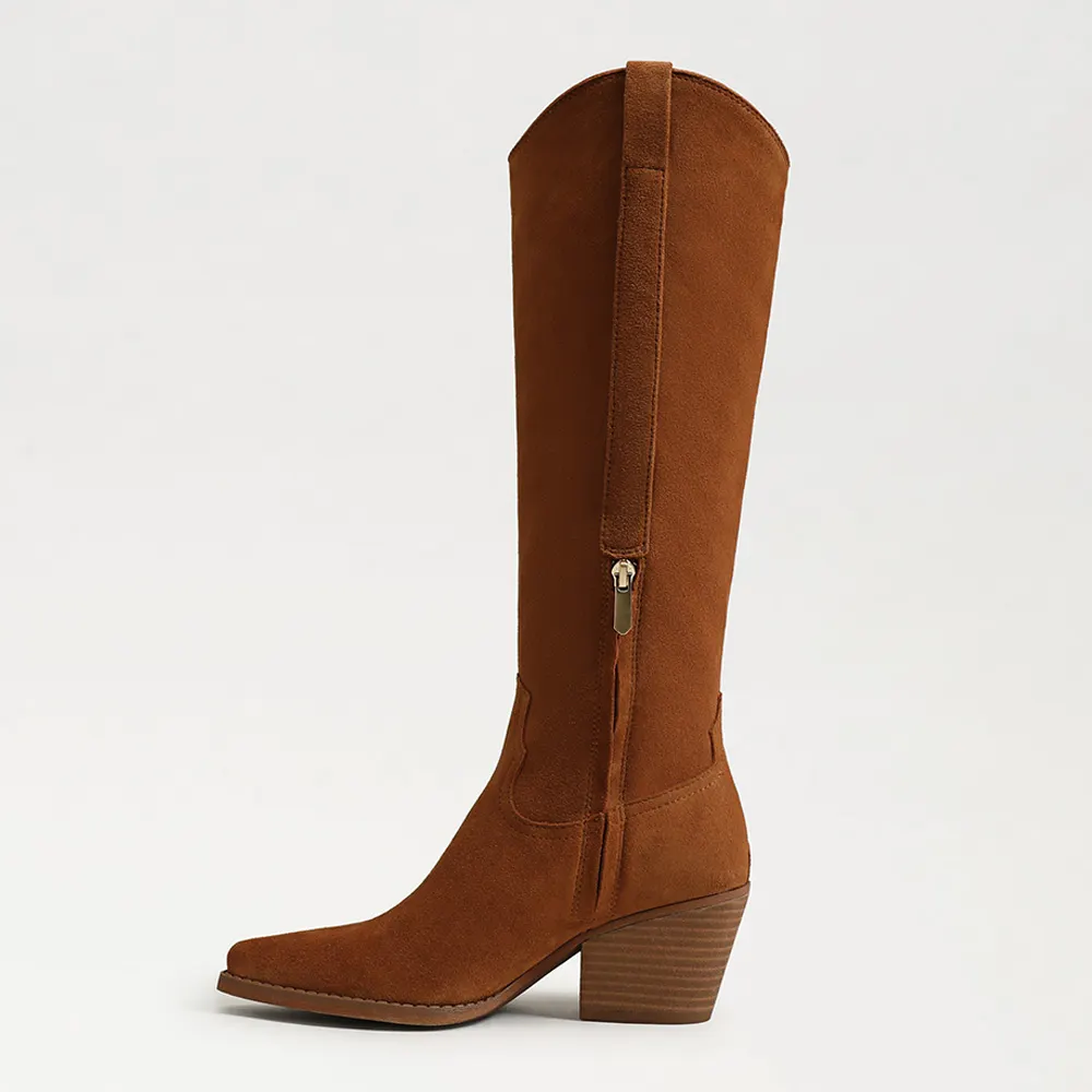 Classic Tan Pointed Toe Block Heel Cowboy Boots for Women
