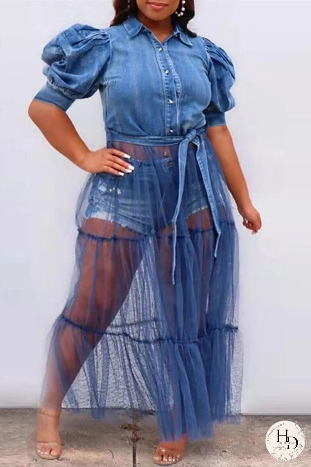 Blue Fashion Casual Plus Size Patchwork Mesh Turndown Collar Short Sleeve Dress