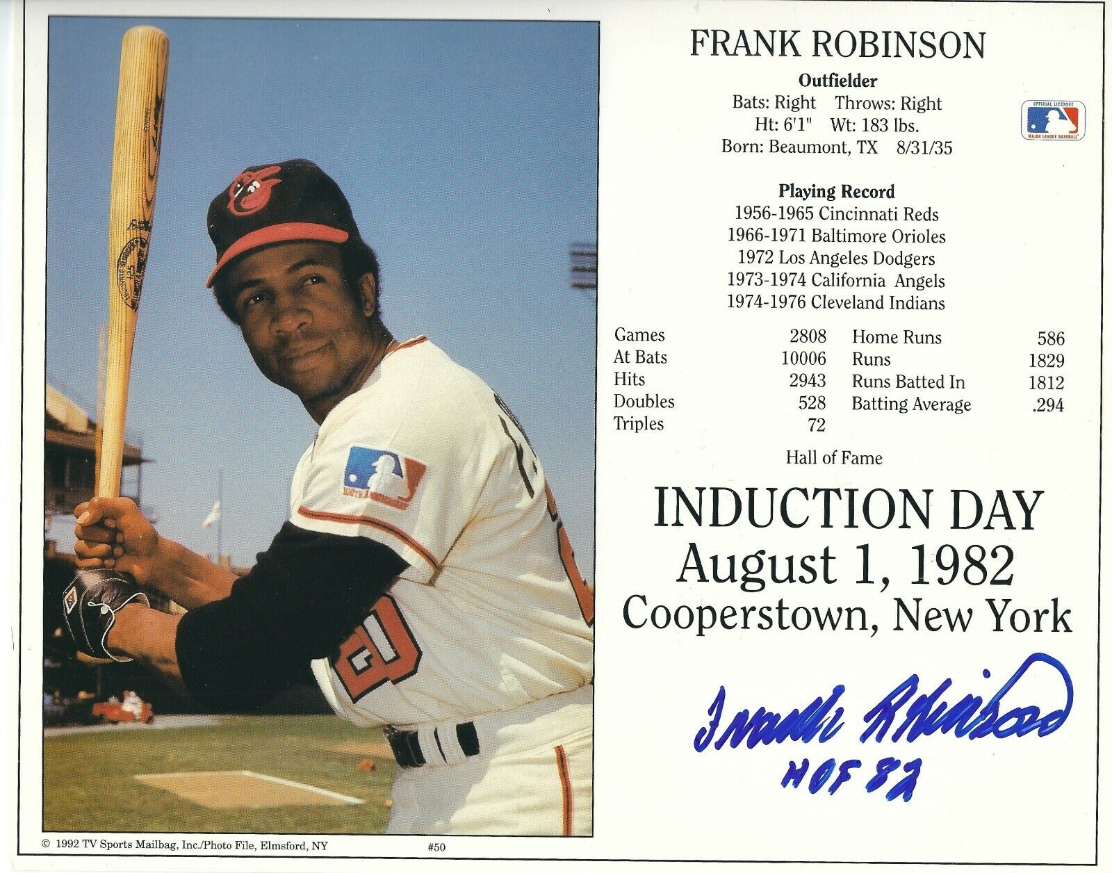 Autographed FRANK ROBINSON Baltimore Orioles 8x10 HOF Induction Card Photo Poster painting COA