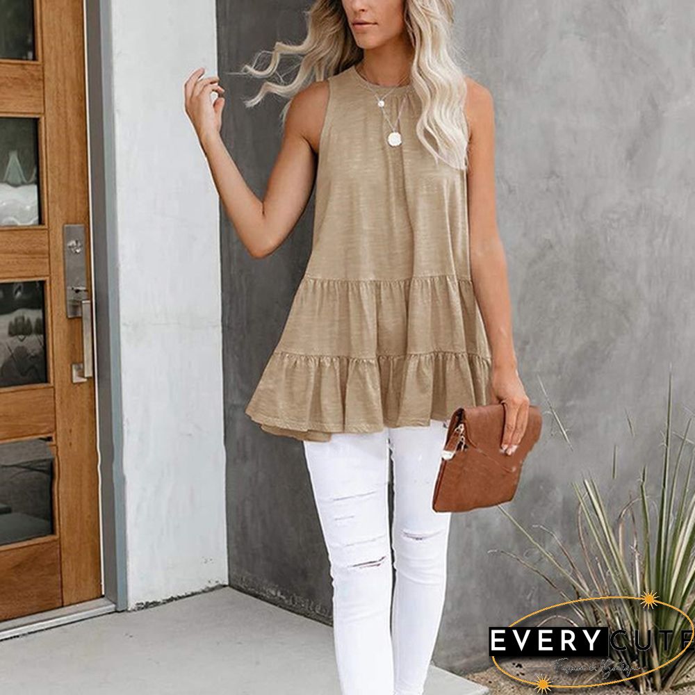 Women Fashion Spring Summer Sleeveless Loose Solid Color Splicing T-shirt topss