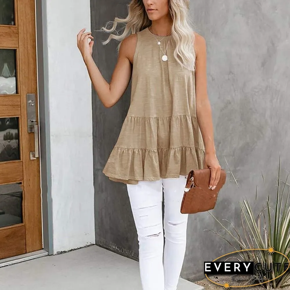Women Fashion Spring Summer Sleeveless Loose Solid Color Splicing T-shirt topss