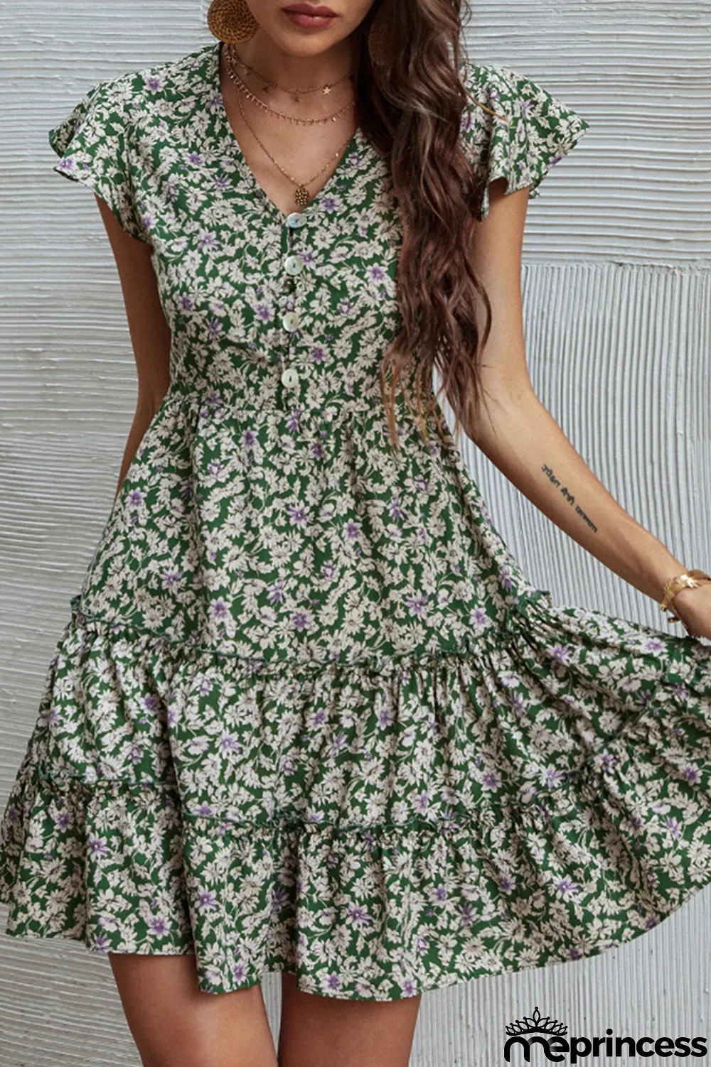 Fashion Elegant Floral Buckle Flounce V Neck A Line Dresses