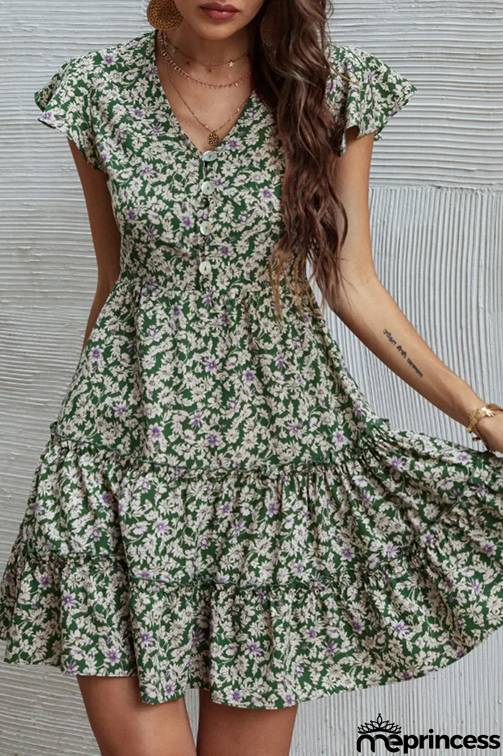 Fashion Elegant Floral Buckle Flounce V Neck A Line Dresses